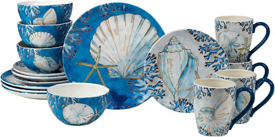 Coastal 16-Piece Dinnerware Set for 4 - Beach Shell Art Ceramic Plates & Mugs