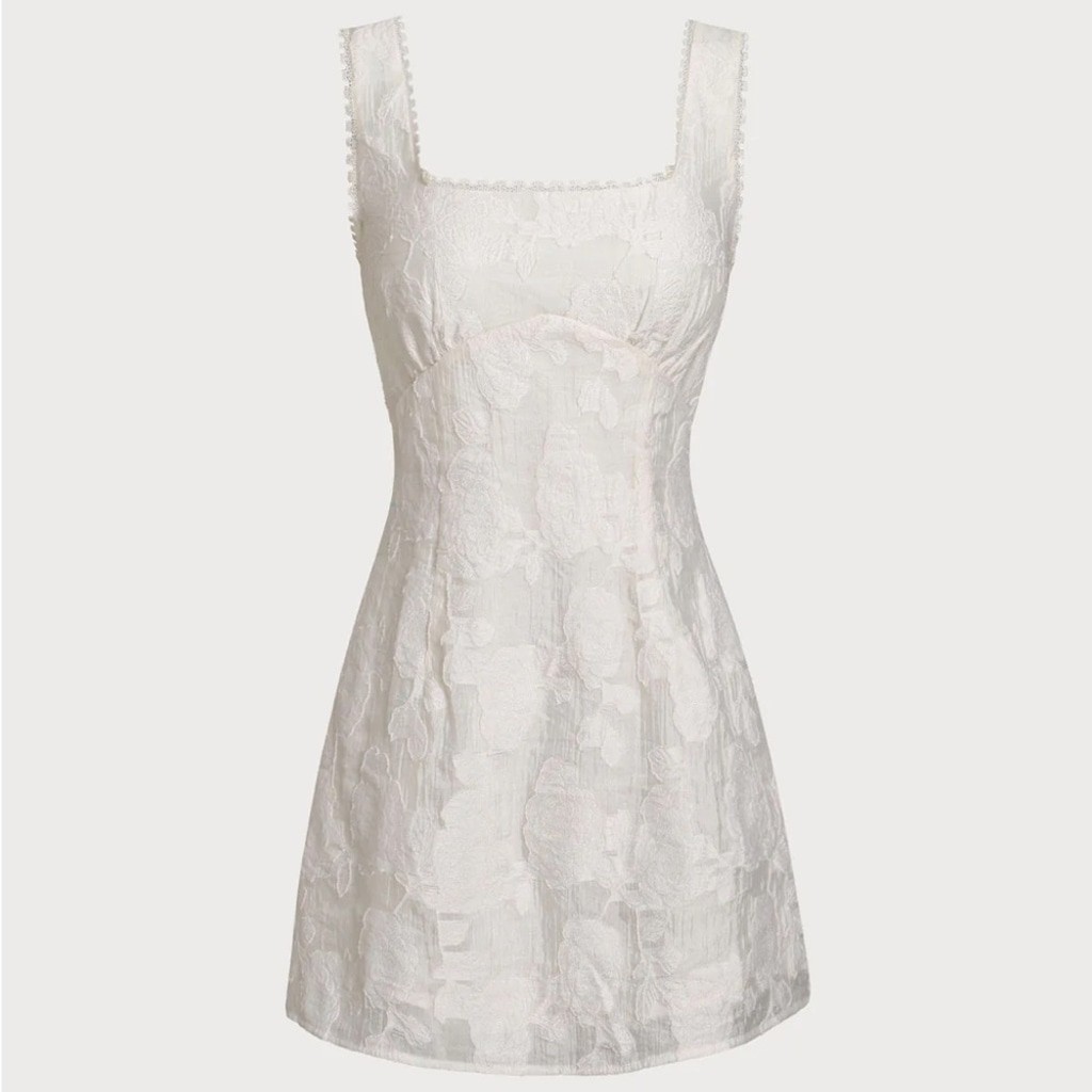 White Textured Square Neck Slip Mini Dress XS