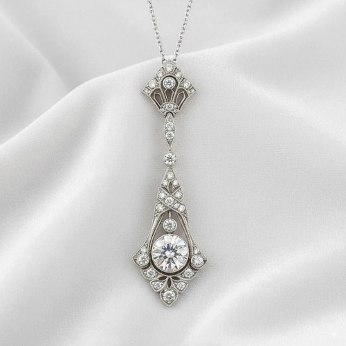 Vintage Art Deco Style Round Lab Created Diamond Engagement 925 Silver Pendant