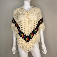 Vintage 1970s Crochet Poncho Fringe Rainbow 70s Handmade Boho Hippie Cottagecore