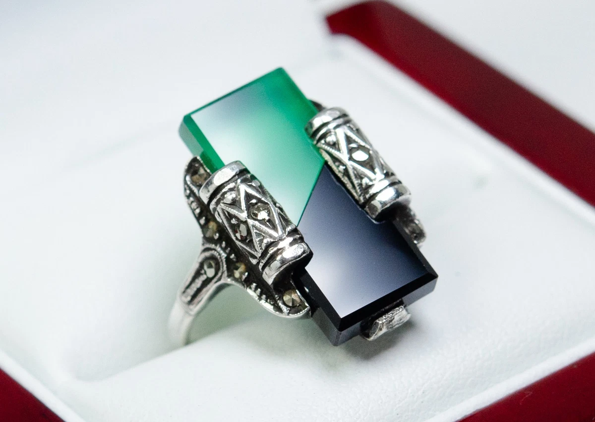 Bague En Argent Massif 925 Émaillée Style Art Déco - Taille 53, Occasion Superbe État