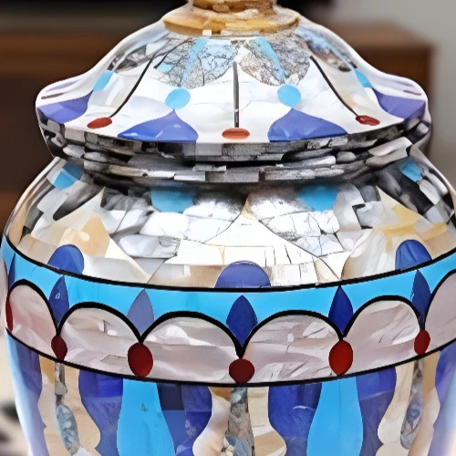 Jarro decorativo de mosaico 21" em azul real e branco com incrustação de padrões de arte decoração - Imagem 2 de 4