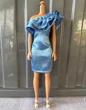 Barbie Doll Outfit Blue One-Shoulder Special Occasion Dress & White  Heels 2pc 