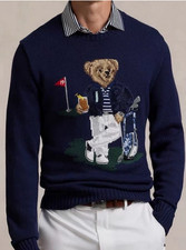 New Autumn and Winter Men's Heavy Embroidery Bear Sweater Round Neck Casual Knit