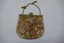 Antique French Petit Point tapestry handbag purse rose floral motif 5.5 in wide