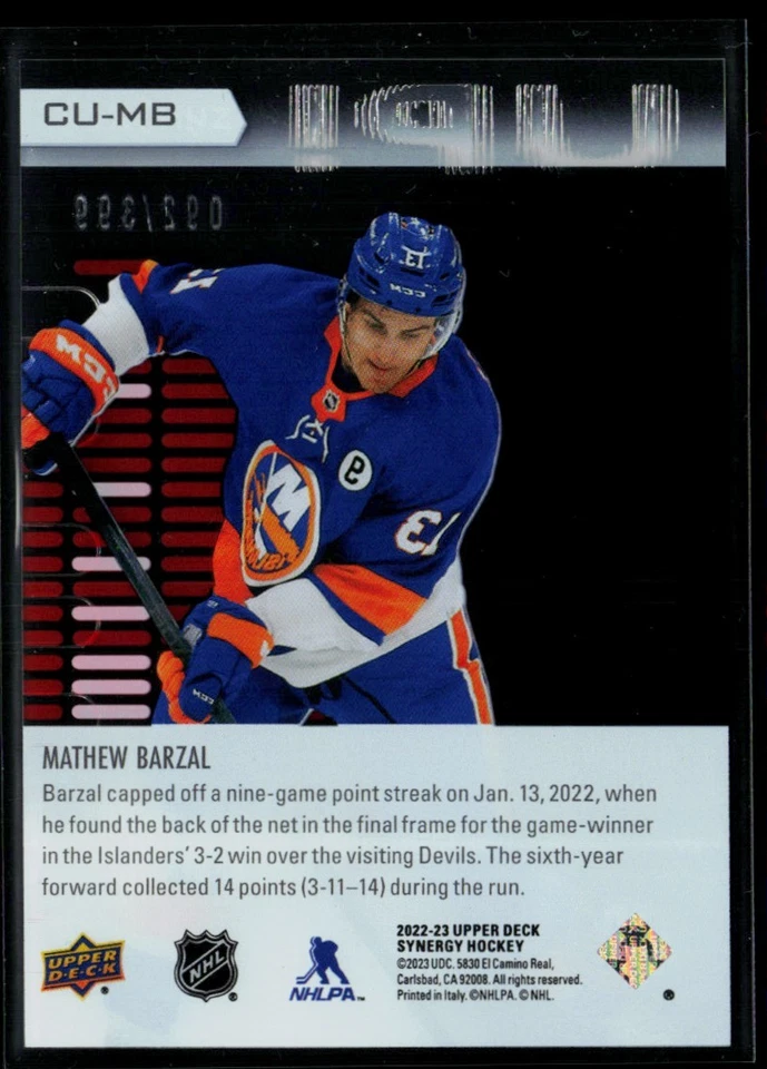 2022-23 Upper Deck Synergy Cranked Up Red #CU-MB Mathew Barzal 092/399 - Image 2 of 2