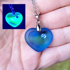 Blue Heart Uranium Glass Necklace Silver Tone