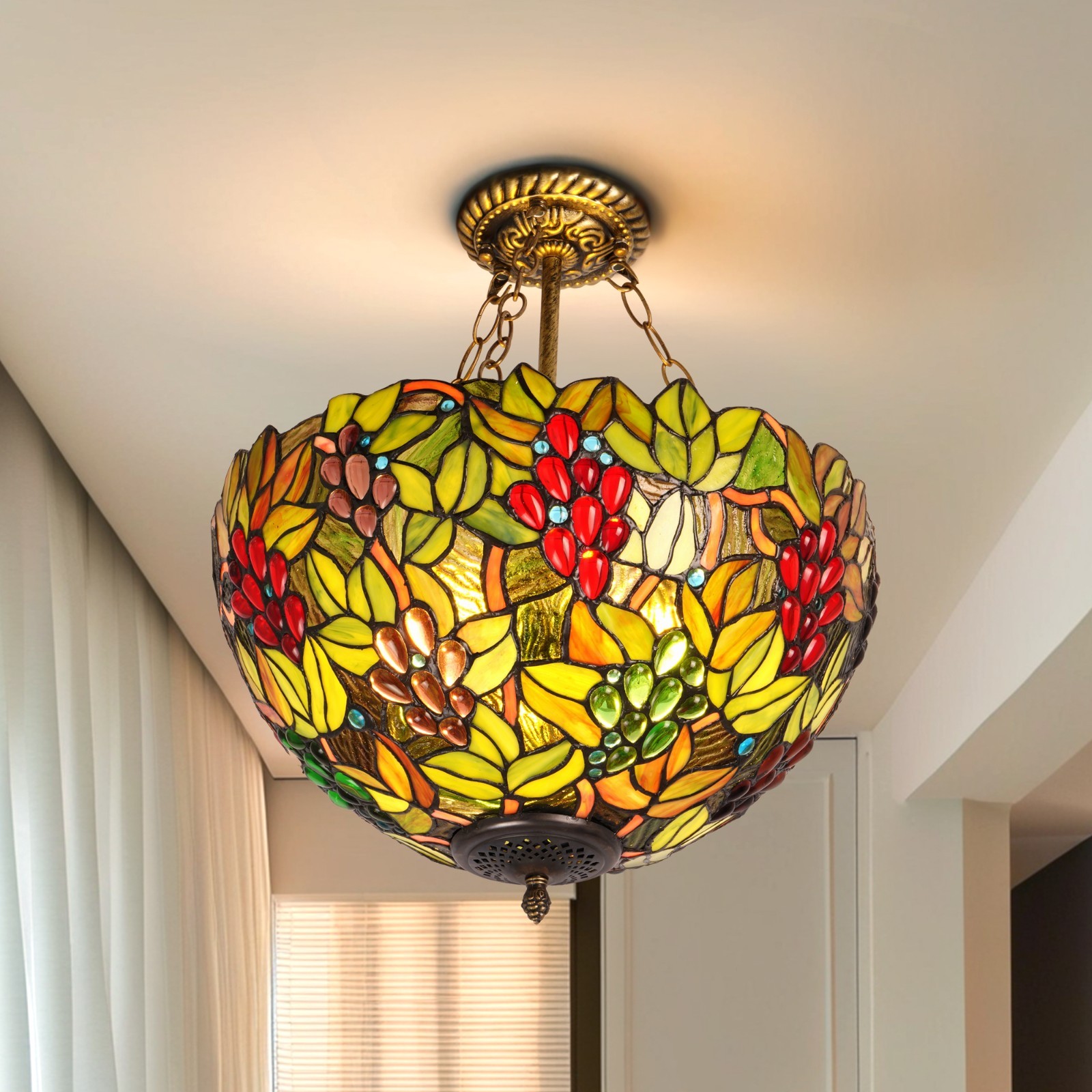 Tiffany Glass Lighting Fixtures, Colorful Grape Leaf Pendant Light, 3 Lamps, New
