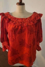 Vintage Miss O By Oscar de La Renta Red Floral/paisley Blouse 12