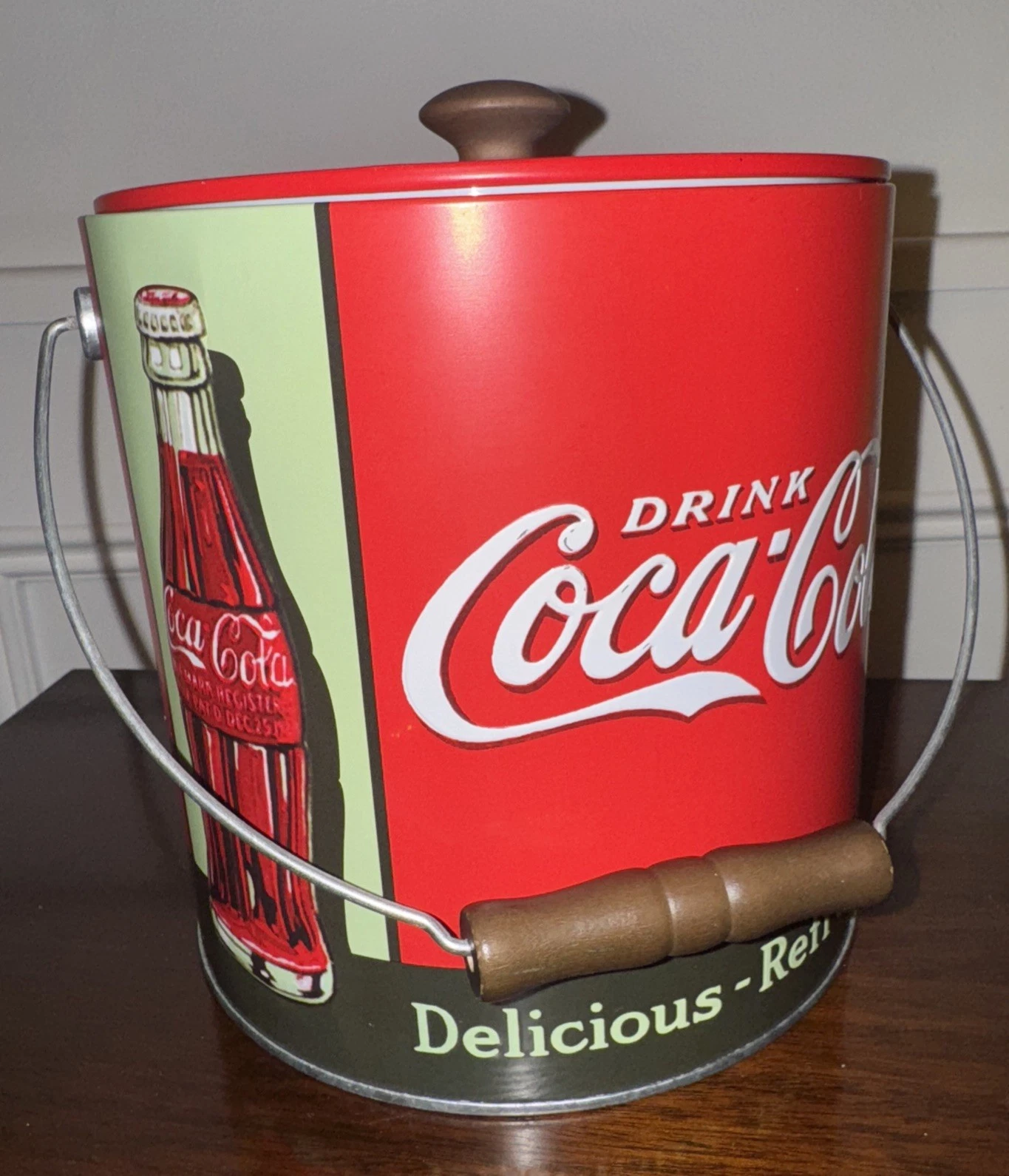 Coca-Cola Textured Ice Bucket/Chest Includes Lid Plastic Interior Wood Handle