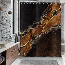 Brown Marble Shower Curtain, Brown Black with Gold Crack Modern Luxury Ink Ar...