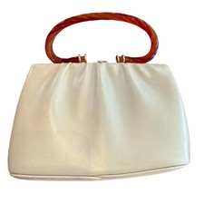 Vintage Faux Leather Satchel Purse Bakelite Handle Ivory Rip Inside