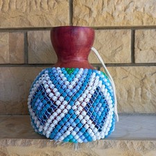 Handmade African-Brazilian Shekere  Musical Shaker Gourd with Blue Evil Eye