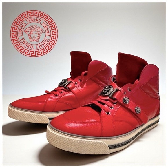 Versace Men’s Red with Silver Medusa Leather High Top Sneakers Size