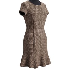 Ann Taylor LOFT 60s Mod Revival Navy Tan Geometric Flounce Hem Jacquard Dress 10