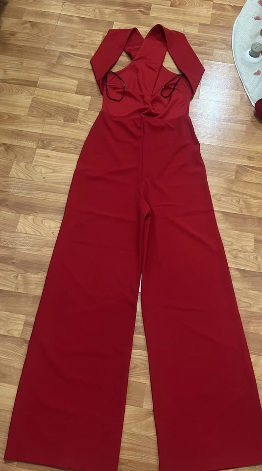 Lulus NWT Make Memories Red Plunge Sleeveless Wide Leg Jumpsuit Sz Med Holiday - Image 3 of 4