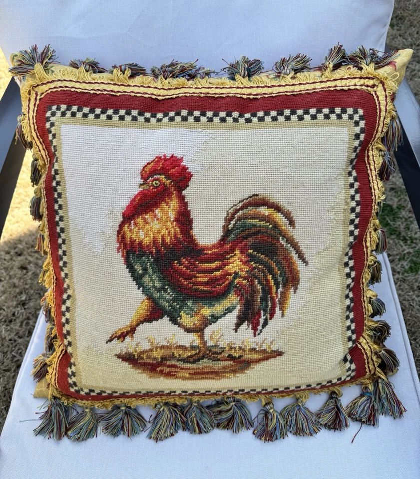 Handmade Wool Needlepoint Rooster Pillow SET (2) Tassels Down Feather Red - Image 2 of 4
