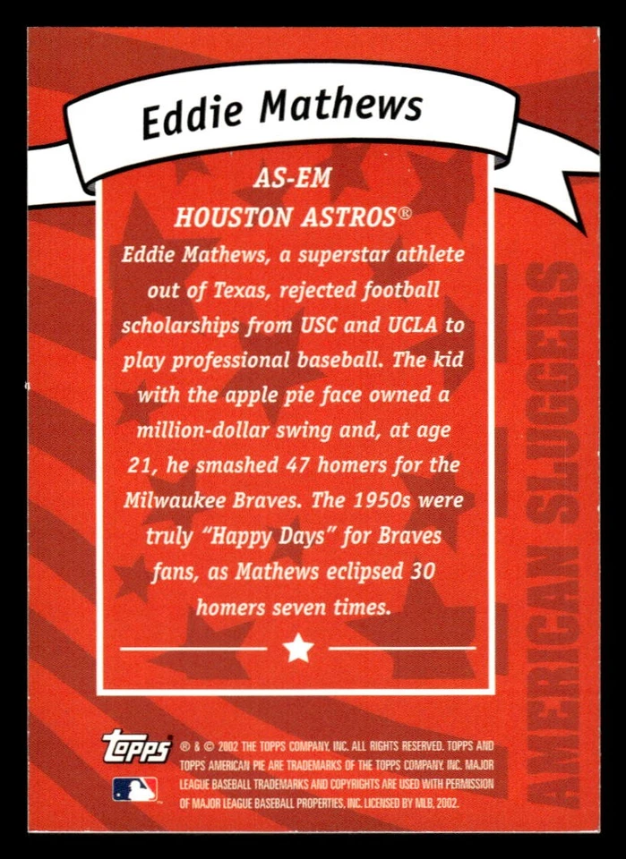 2002 TOPPS AMERICAN PIE EDDIE MATHEWS AS-EM AMERICAN SLUGGERS SILVER ASTROS - Image 2 of 2
