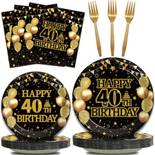 96 Pcs 40Th Birthday Plates and Napkins, Black Gold, Serves 24