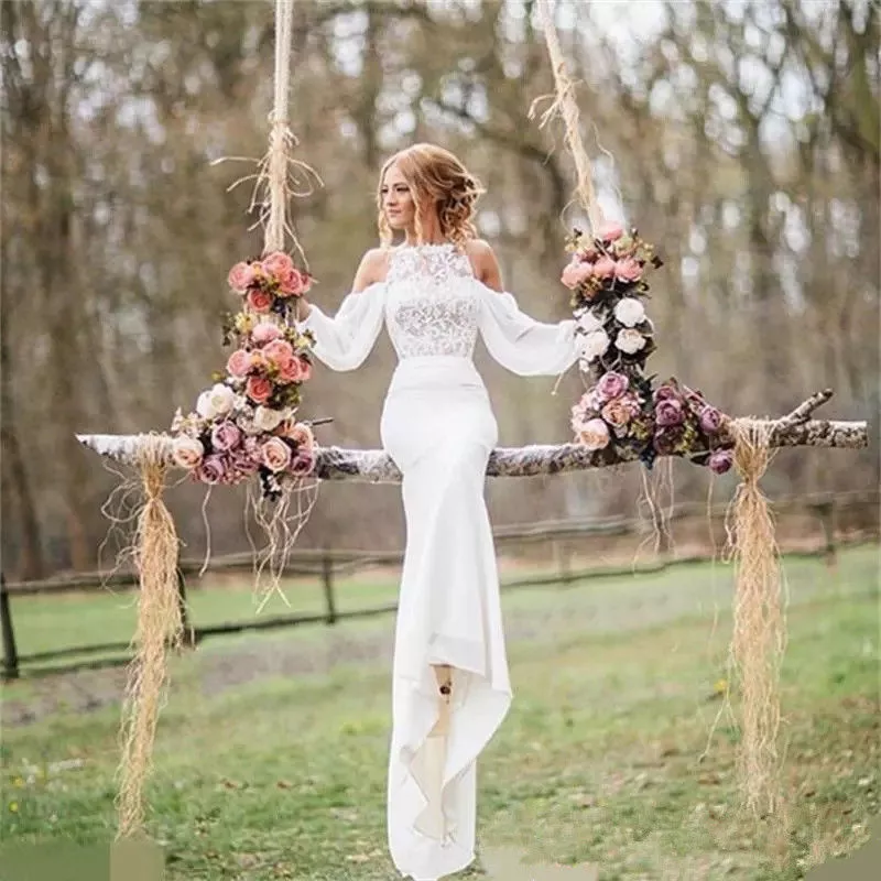 Ivory Lace Halter Neckline Mermaid Wedding Dress - Promfy