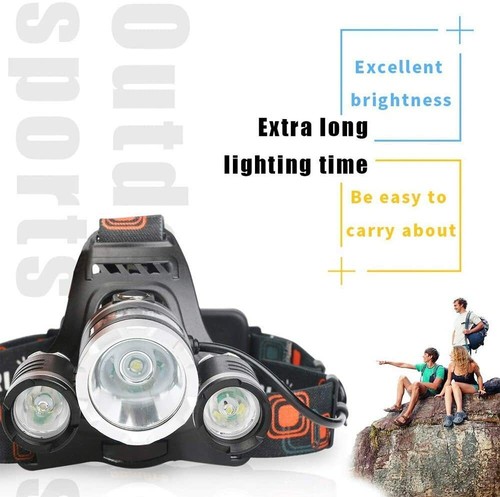 LAMPADA DA TESTA A 3 LED T6 PILE RICARICABILE AUTO TORCIA FRONTALE SPORT PESCA - Foto 8 di 8