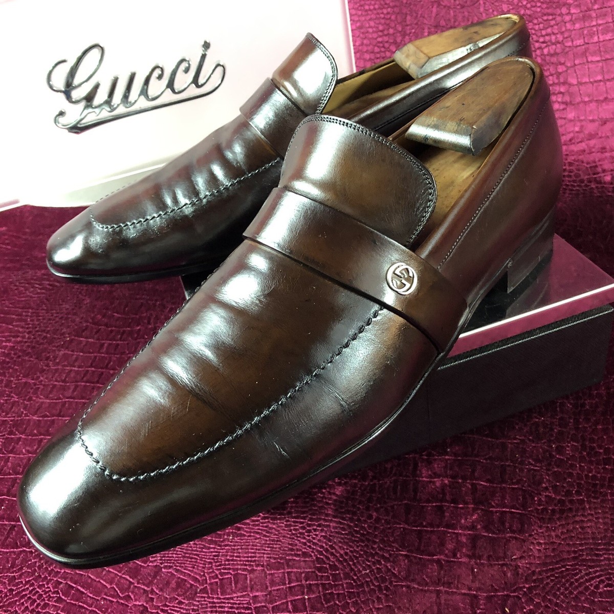 $725 Mens Brown Gucci Leather GG Loafers Sz 8 G / 9 US  display picture 2