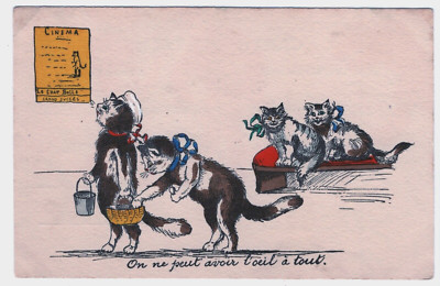 Cat  Vintage Postcard Cinema Thief Stealing from Basket Humanized Fantasy