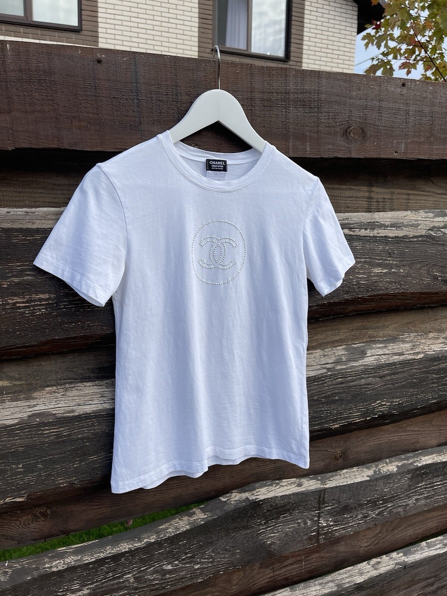 Chanel White T-shirt Big Logo CC Y2K Style Top Size S | eBay