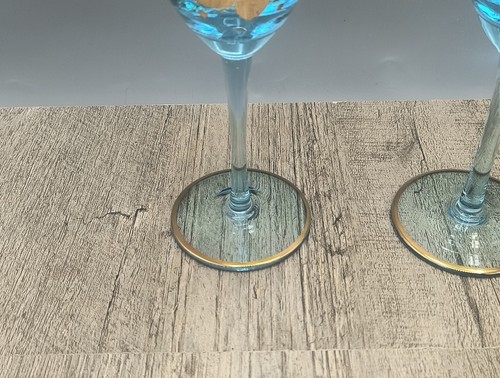 Vintage Set Of 3 Romanian Aperitif Teal Wine Glasses, 24kt Rim And Flower Design - Picture 4 of 12