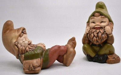 Vintage Hand Painted Garden Gnome Ceramic Set 2 Gnomes Earth Tones