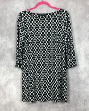 Grayson Shift Dress Womens Medium Black White Geometric Pattern Career Cocktail
