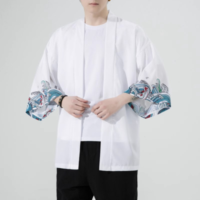 Men Open Front Cardigan Japanese Kimono 3/4 Sleeve Loose Yukata Coat Jacket