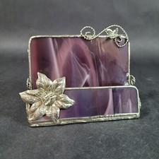 Slag Art Glass Business Card Holder Filigree Butterfly Purple Amethyst