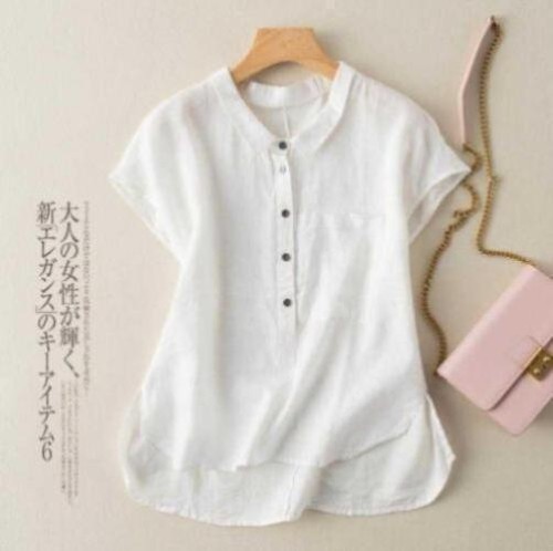 Damen Shirts Bluse Kurzarm Einfarbig Polo Pullover Leinen Locker Vintage - Bild 15 von 17