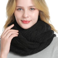 2 pc Women Black Chunky Knitted Infinity Snood Scarf Scarves Wool Knitted Circle