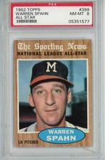 Graded 1962 Topps All Star Warren Spahn #399 Baseball Card PSA 8 NM-MT