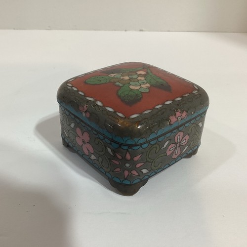 Rare Japanese Cloisonne 2 1/2” Square Box. Cherry, Blossoms, Meiji 1868-1912