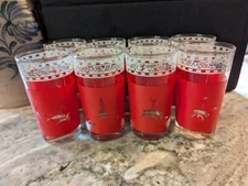 SET OF 8 LIBBEY CHRISTMAS Deer and Tree DRINKING GLASSES RED White FROSTED