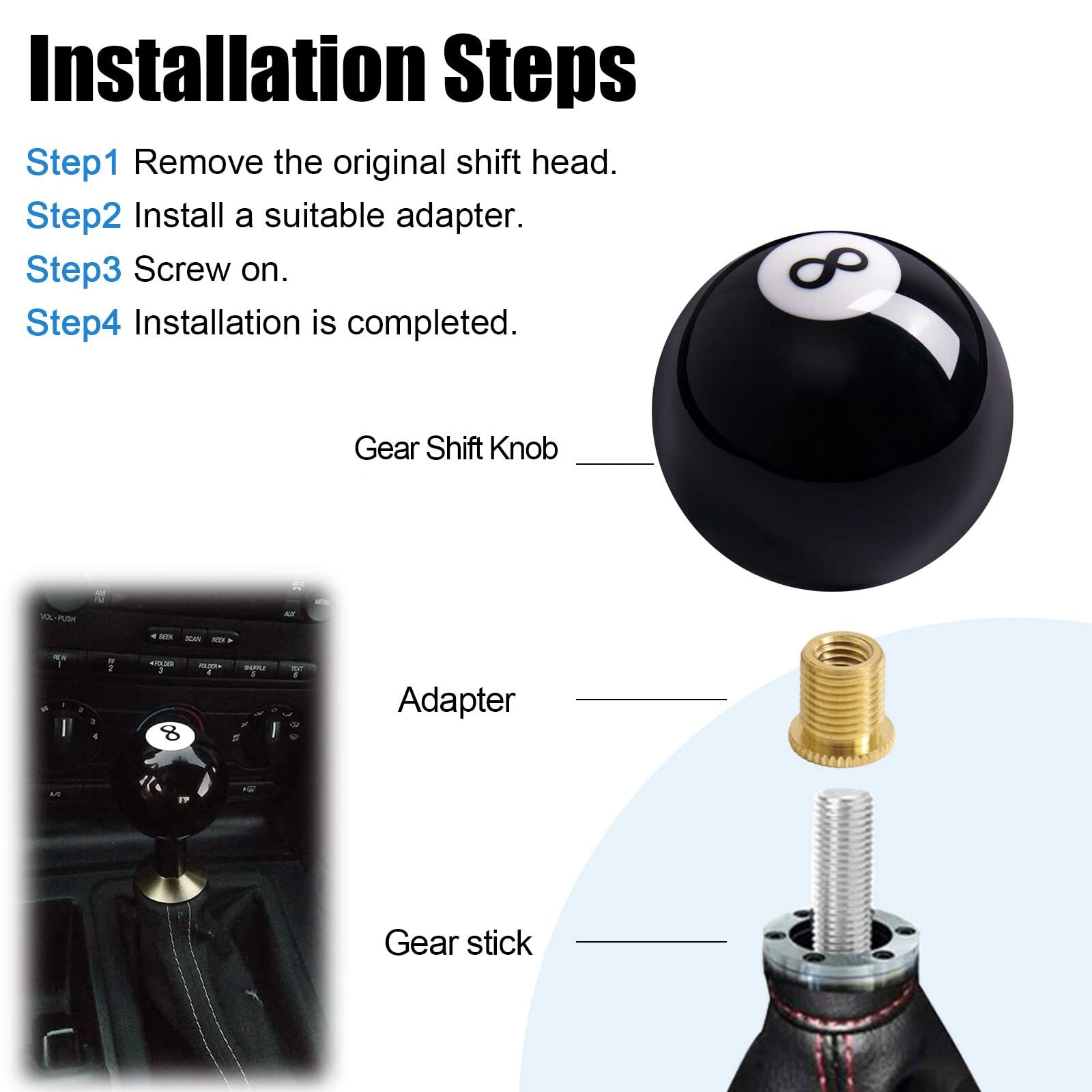 Universal No.8 Billiard Ball Gear Shifter Black Round Shift Knob With 3 ...