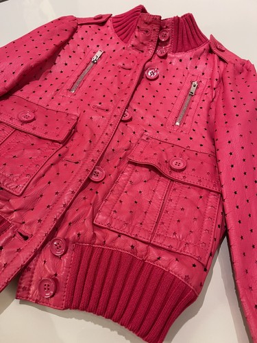 Girls GUCCI 5 Hot Pink SOFT LEATHER laser Cut STARS Moto Jacket Perforated COAT - Picture 5 of 14