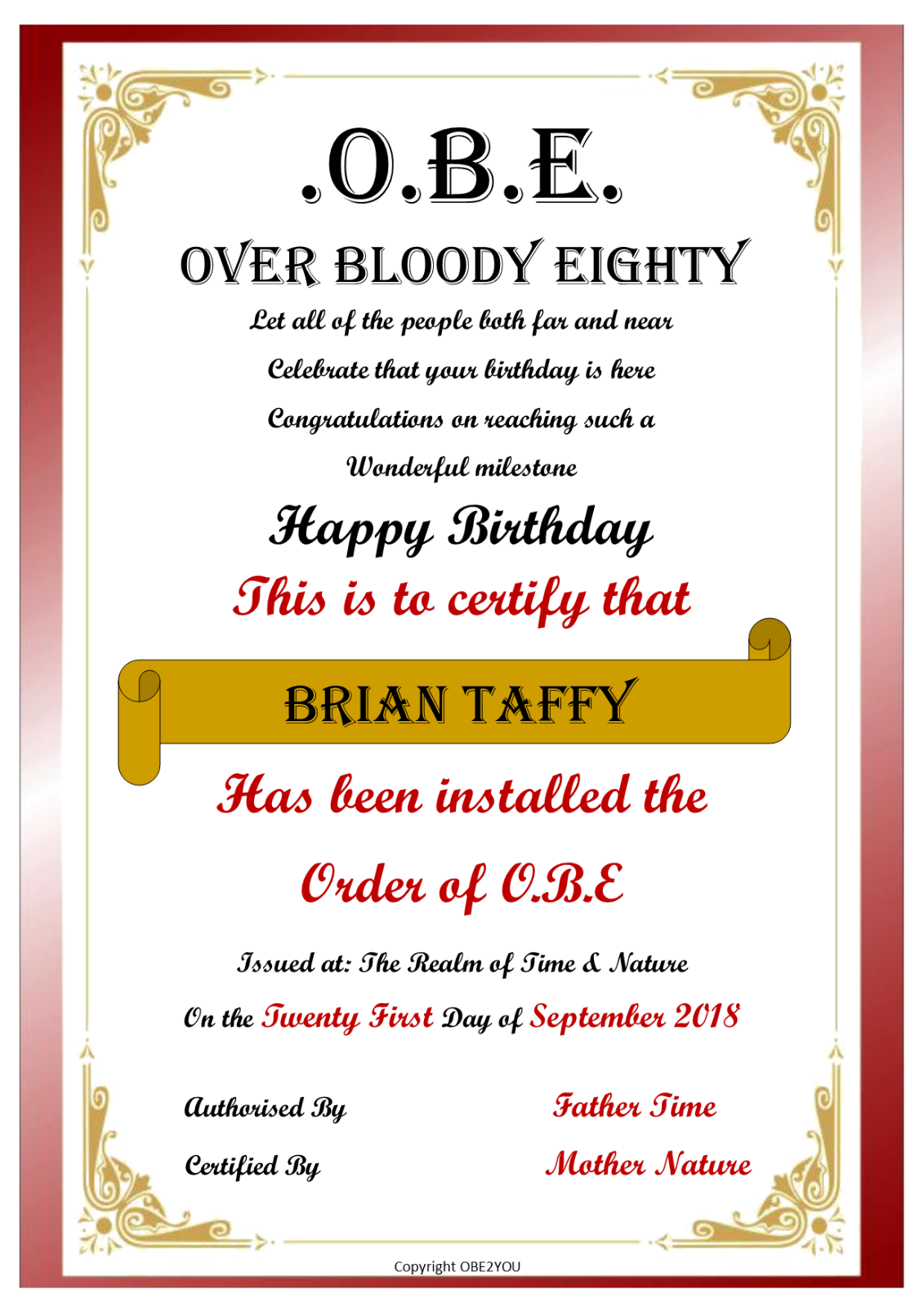 OBE Over Bloody Eighty Certificate 80th Birthday Gift Set 