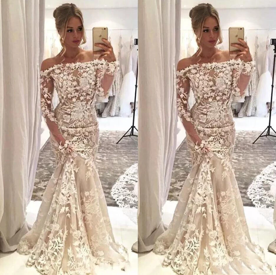 Vestidos de noiva sereia champanhe fora do ombro manga comprida vestido de praia - Imagem 3 de 4