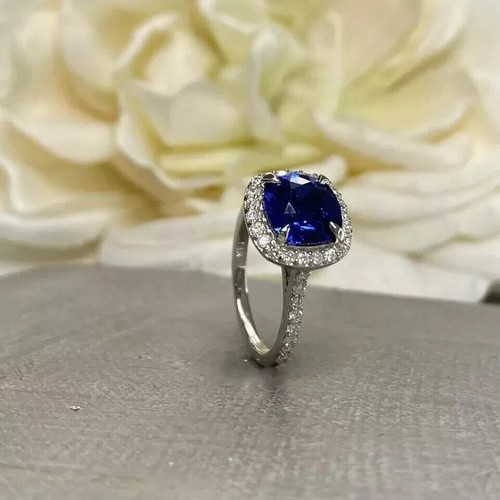 4.40 CT Blue Sapphire Cushion Cut Lab Grown Diamond Wedding Ring 950 Platinum