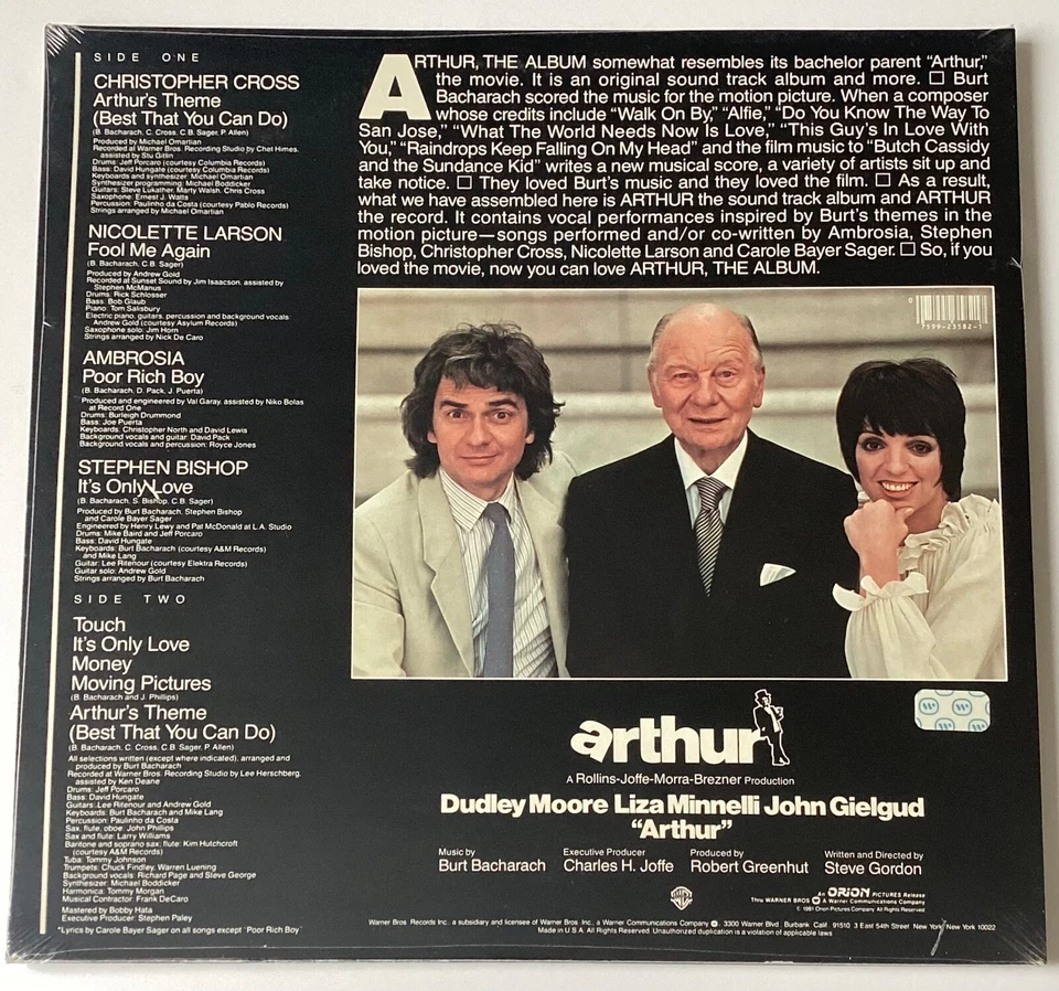 ARTHUR (THE ALBUM)~Christopher Cross/Bacharach *SEALED* Orig 1981 Soundtrack LP - Image 2 of 4