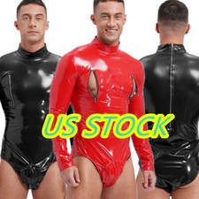  Mens Bodysuit Patent Leather Long Sleeve Zipper Jumpsuit Catsuits Clubwears