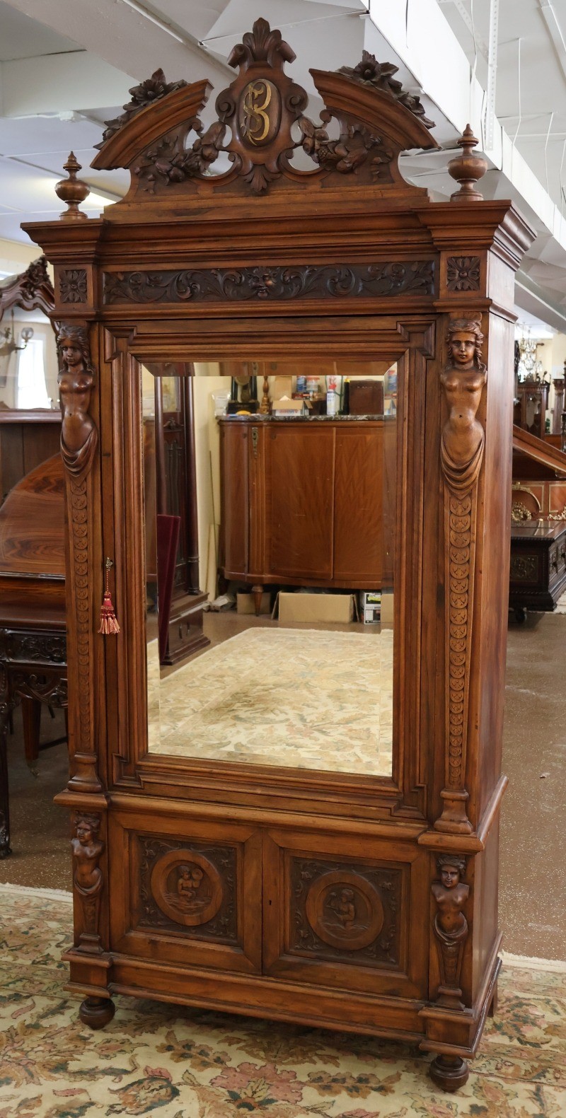 19th Century Italian Carved Walnut Figural Renaissance Revival Wardrobe Armoire