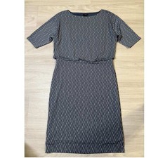 Ann Taylor Petite Geometric Sheath Dress Blue White Short Sleeve Midi Size SP