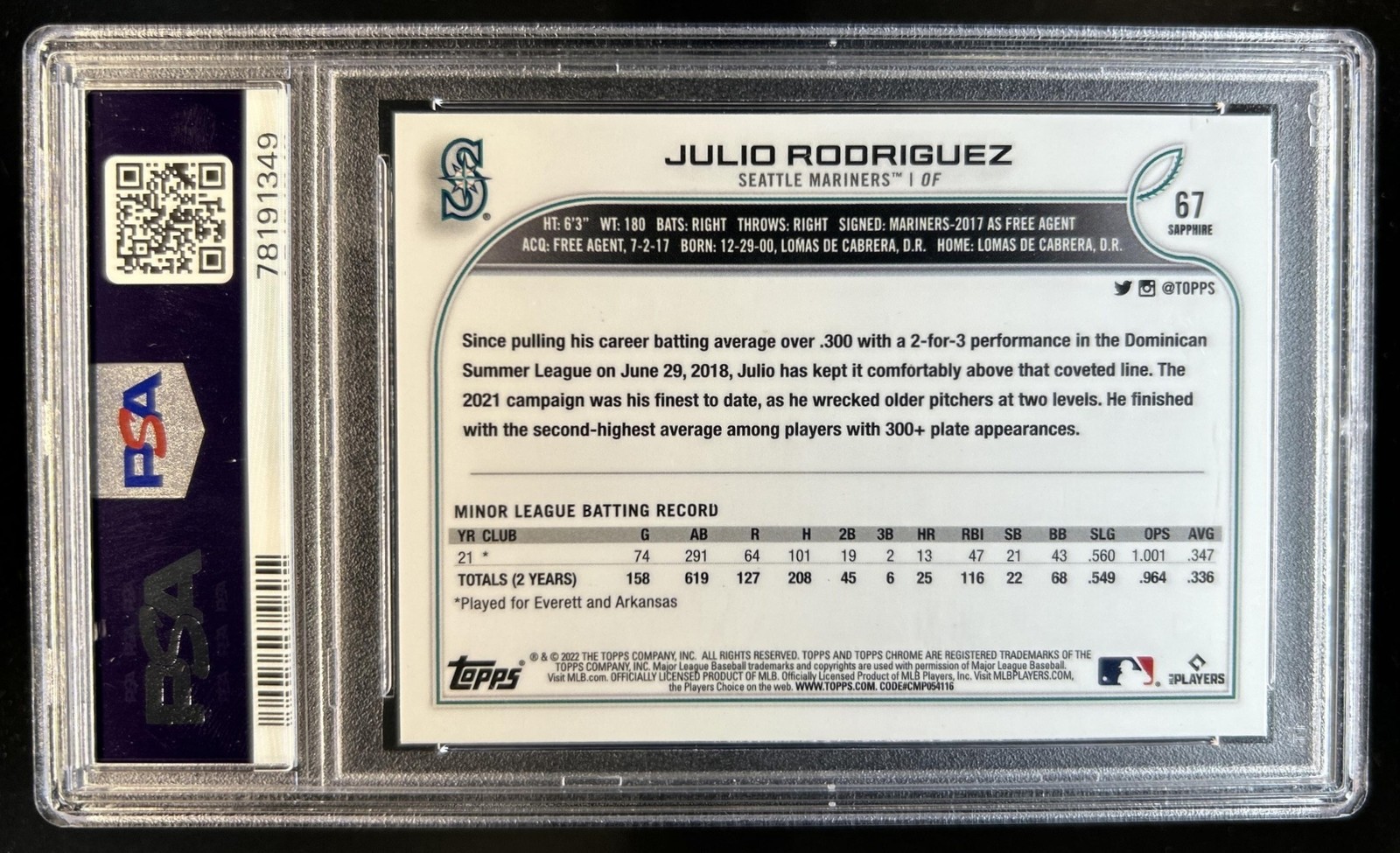 2022 Topps Chrome Sapphire Julio Rodriguez RC Rookie #67 Mariners PSA 10 view 2