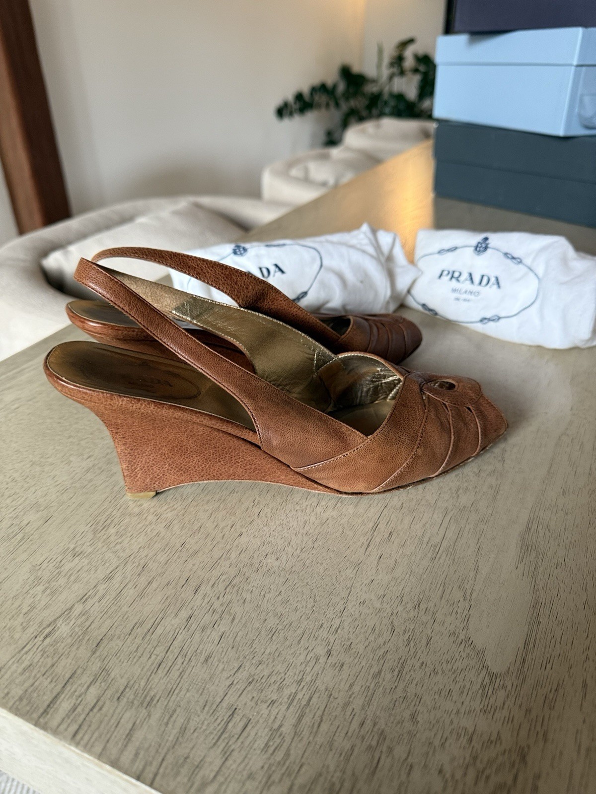 Prada authentic womens solid brown slingback genu… - image 7