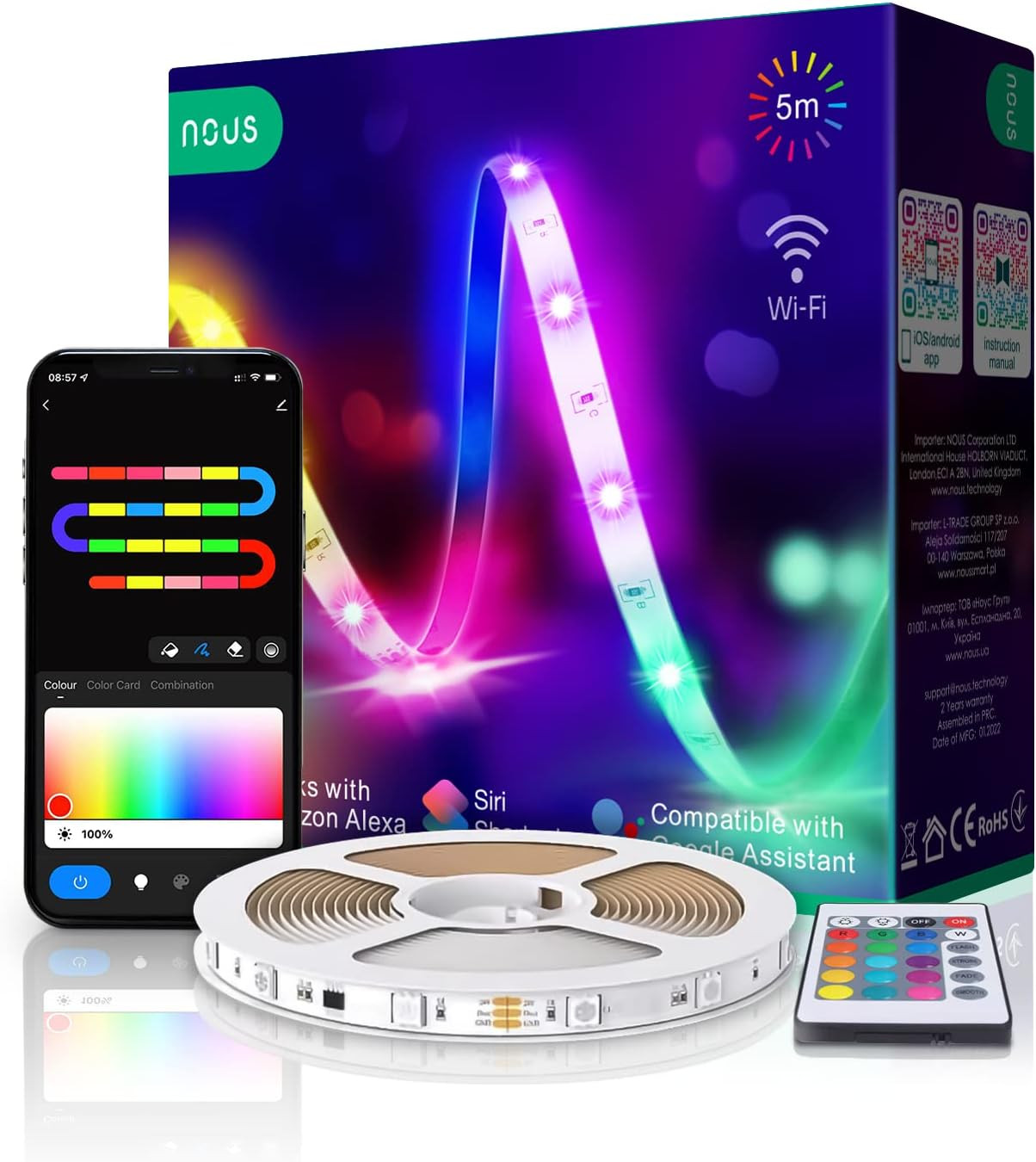 F1 RGB Striscia 5M Led. Wifi Adesiva Strisce. Alexa Google Home Colorati Curvabi